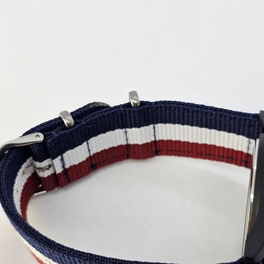 Men's 42MM Field Watch‎ Black Dial Blue White Red Canvas Band Straps New Battery